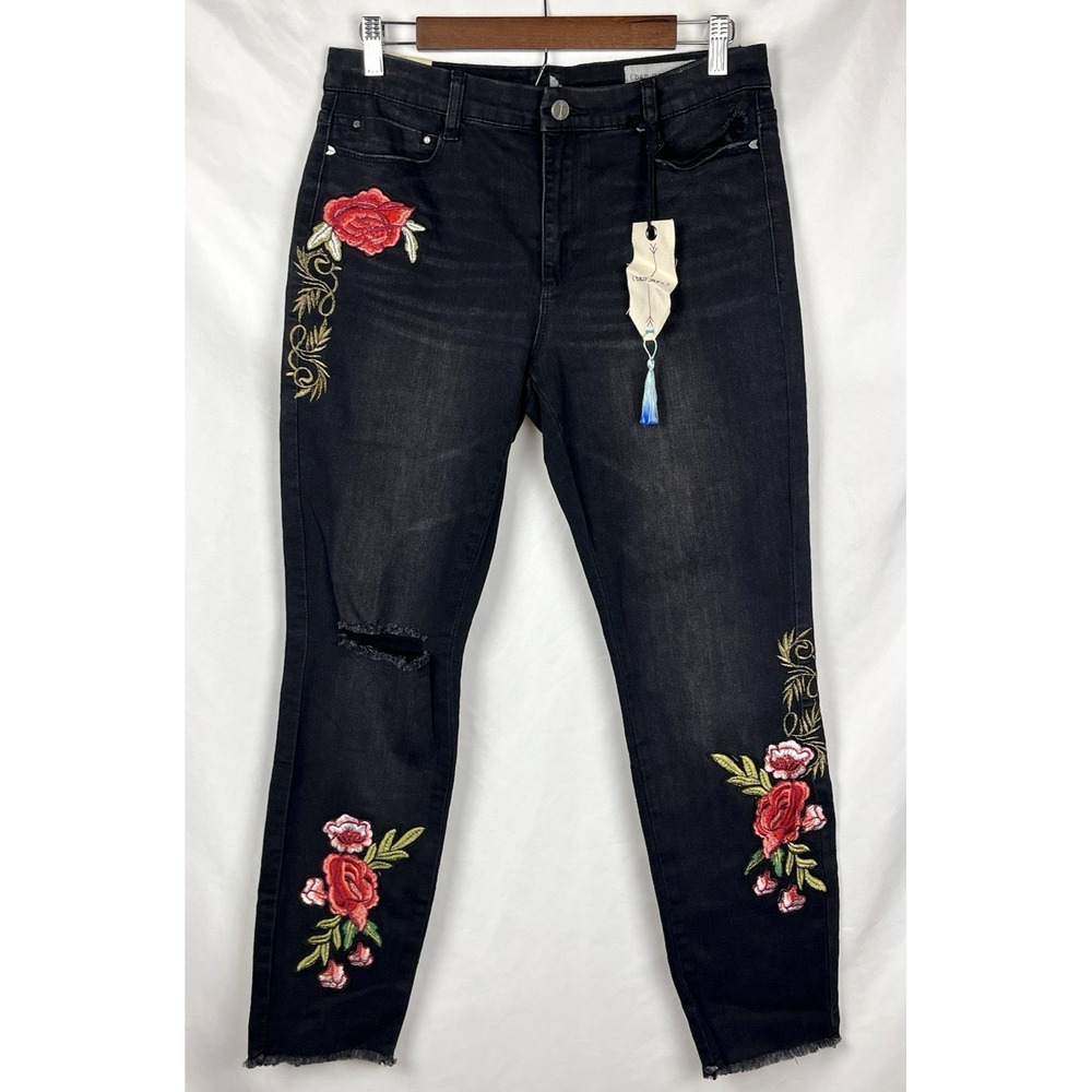 NWT Banjara Black Distressed Skinny Jeans Embroidered Floral Ankle Size 30x27.5